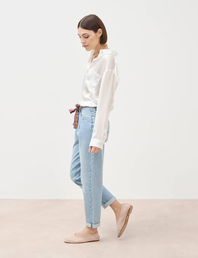 Jeans mom ceinture foulard denim bleach femme