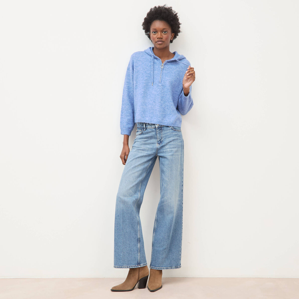 Pull &agrave; capuche zipp&eacute; bleu ciel femme