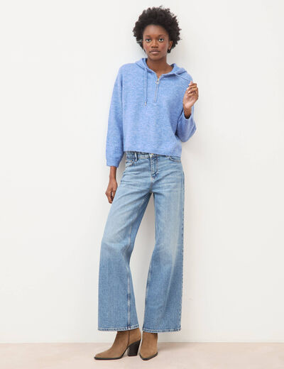Pull &agrave; capuche zipp&eacute; bleu ciel femme