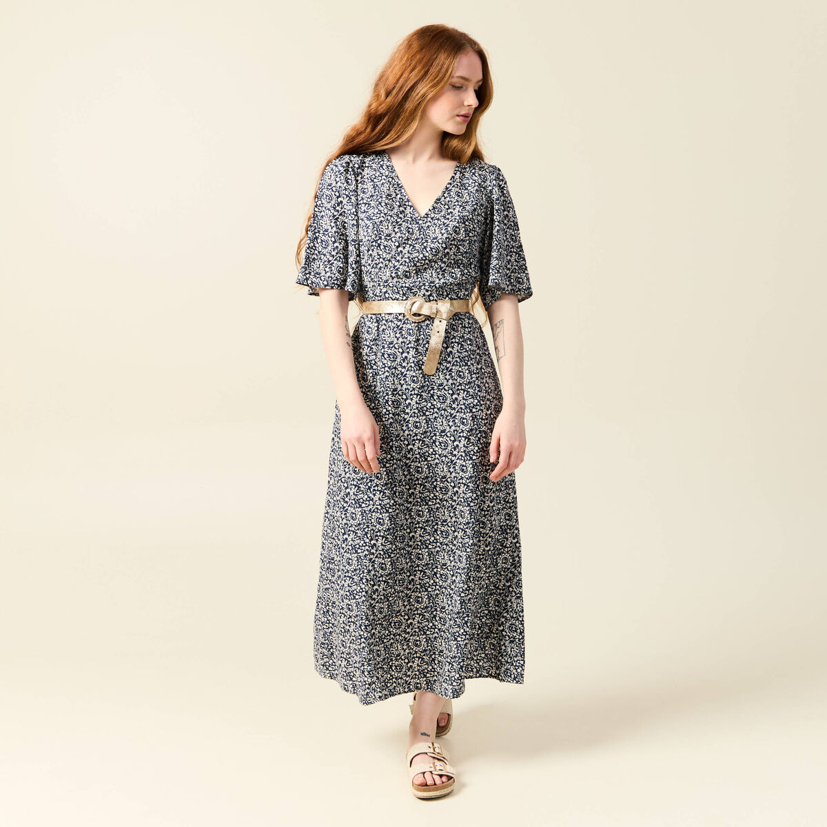 Robe longue trapèze bleu femme