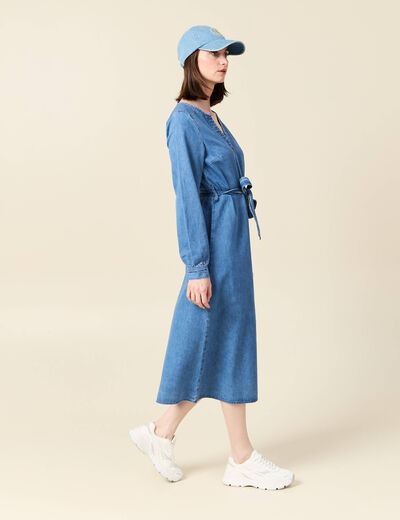 Robe longue évasée en jean denim used femme