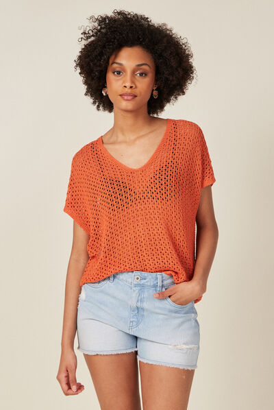 Pull ajouré éco-responsable orange foncé femme