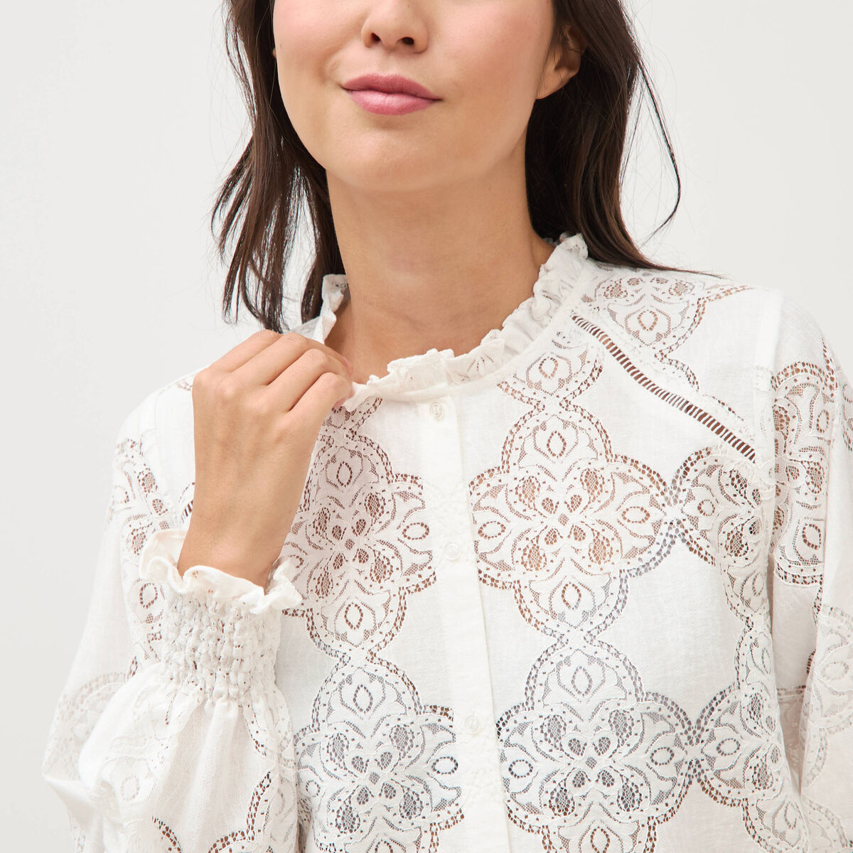 Chemise en dentelle manches longues ecru femme