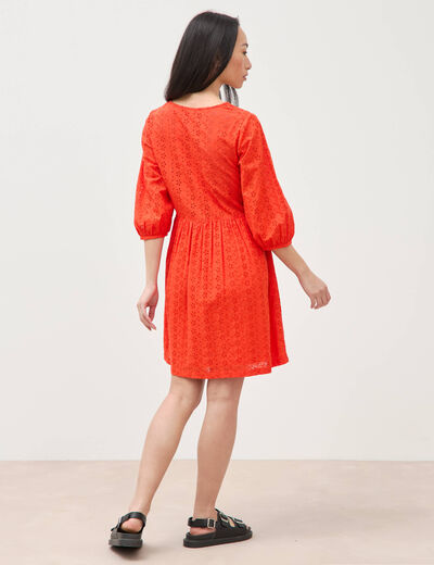 Robe droite courte col v manches 3/4 orange fonc&eacute; femme
