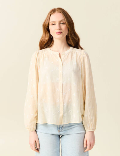 Blouse manches longues brodée creme femme