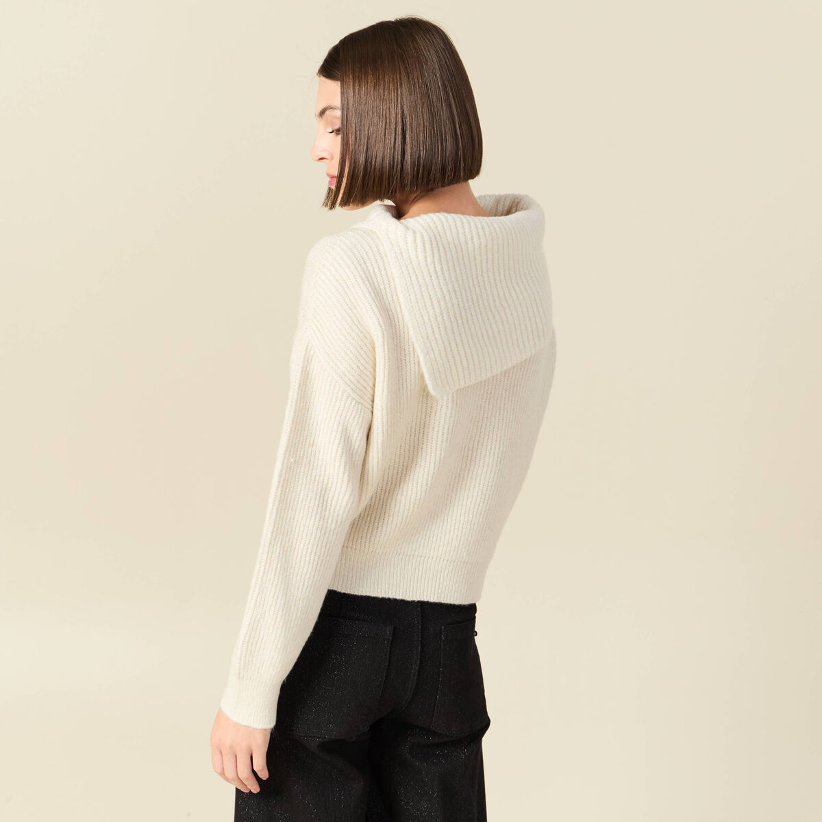 Pull ajour&eacute; manches longues bardot ecru femme