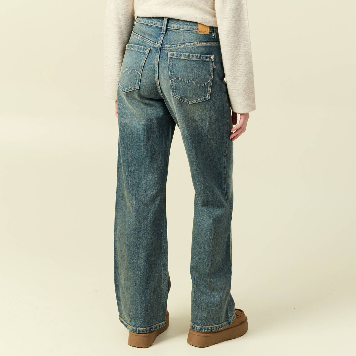 Jeans large taille haute bleu gris femme