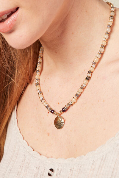 Collier à pendentif et perles vert kaki femme