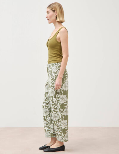 Pantalon loose taille haute en coton vert kaki femme