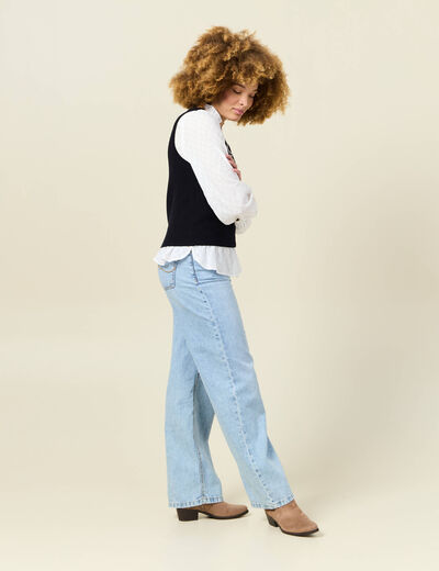 Pull sans manches col en V bleu marine femme