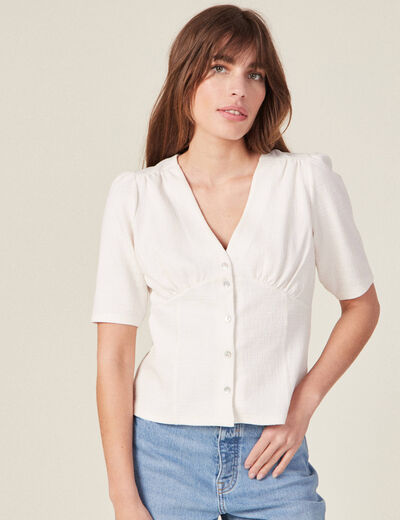 T-shirt boutonné à manches courtes ecru femme
