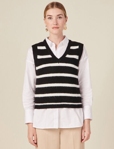 Pull droit court sans manches col v noir femme