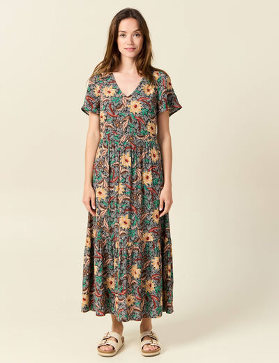 Robe longue évasée dos ouvert noir femme