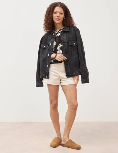 T-shirt brod&eacute; col rond manches 3/4 noir femme