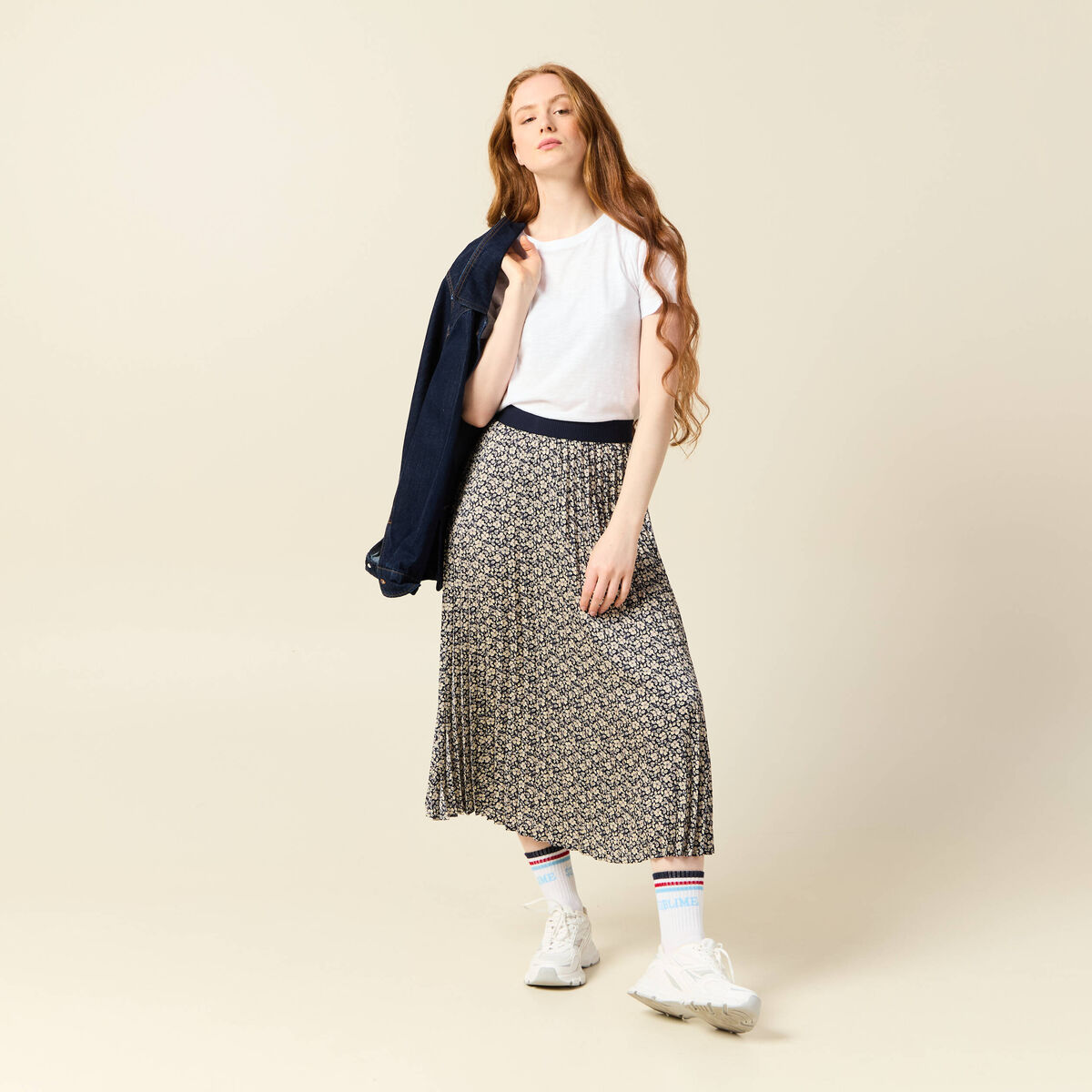 Jupe longue droite plissée bleu marine femme