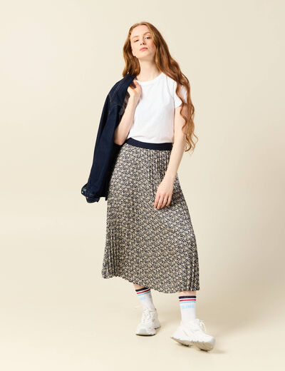 Jupe longue droite plissée bleu marine femme