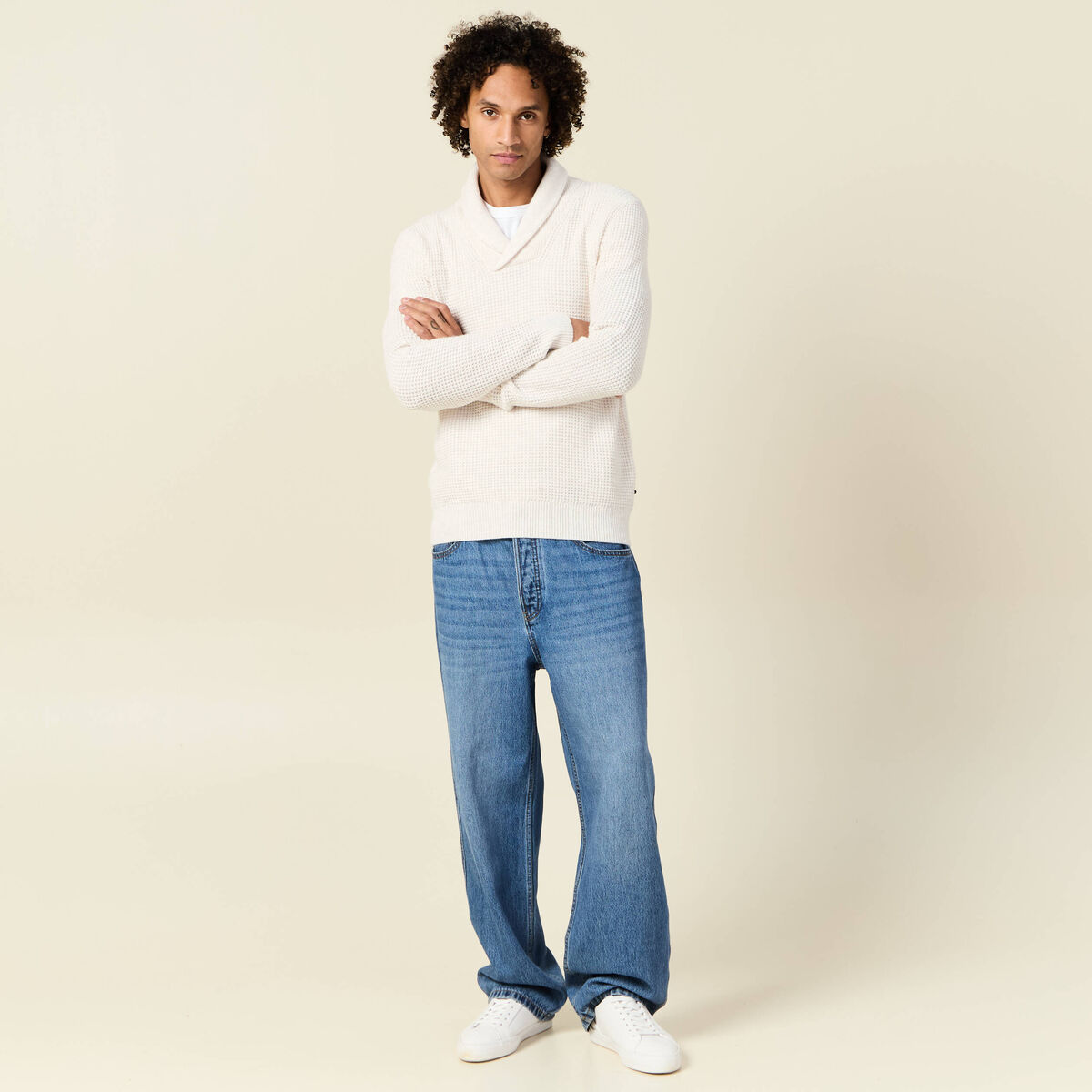 Pull manches longues col ch&acirc;le ecru homme