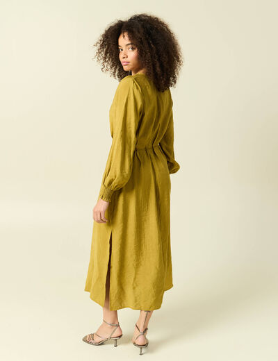 Robe longue droite col v manches longues vert olive femme