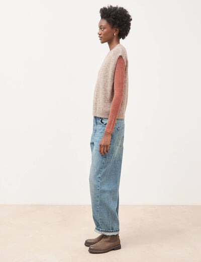 Pull droit court sans manches col rond marron clair femme