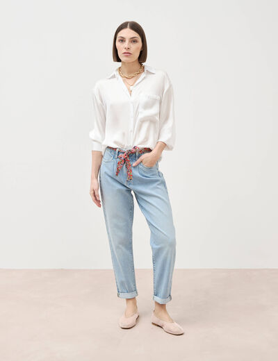 Jeans mom ceinture foulard denim bleach femme