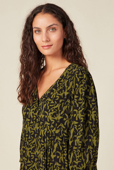 Robe évasée manches 3/4 vert kaki femme