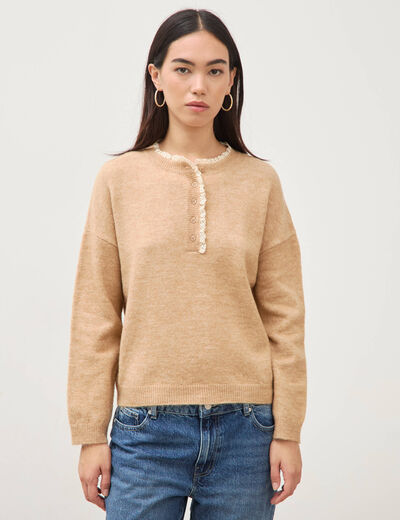 Pull col tunisien manches longues marron clair femme