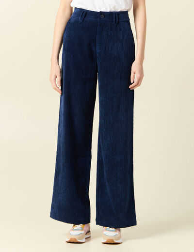 Pantalon large velours pinces bleu marine femme