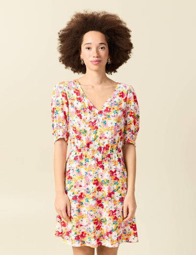 Robe fluide col v manches courtes rose framboise femme