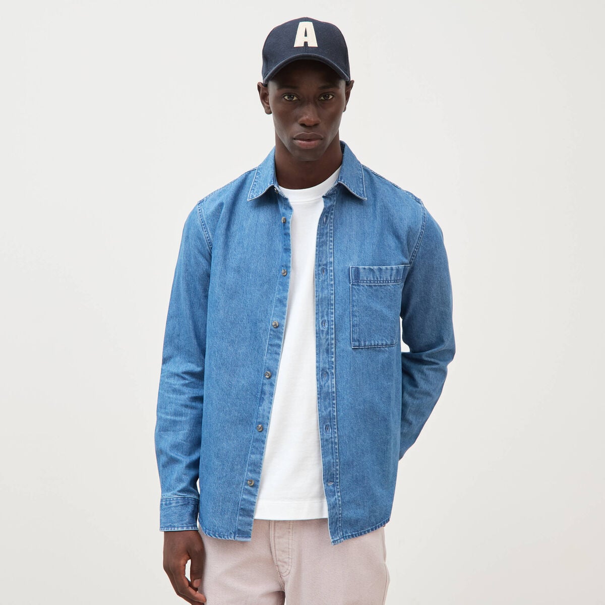 Chemise col am&eacute;ricain manches longues denim stone homme