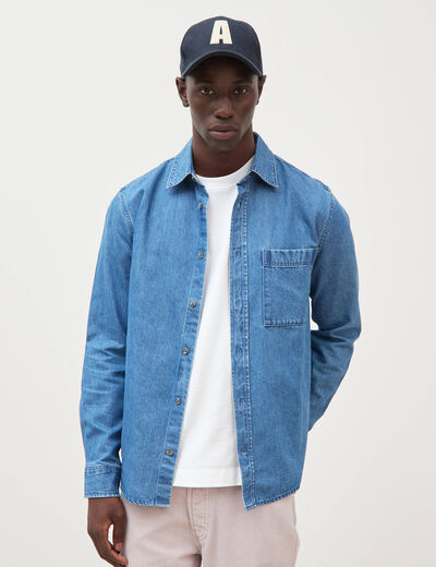 Chemise col am&eacute;ricain manches longues denim stone homme