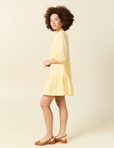 Robe col v manches 3/4 en coton jaune clair femme