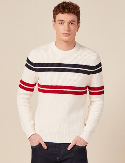 Pull fin ray&eacute; col rond manches longues ecru homme