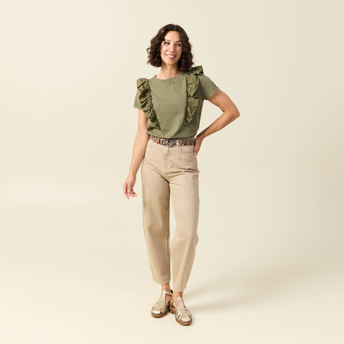 T-shirt en coton manches courtes vert kaki femme