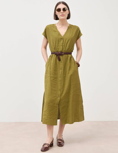 Robe fluide col v manches courtes vert kaki femme