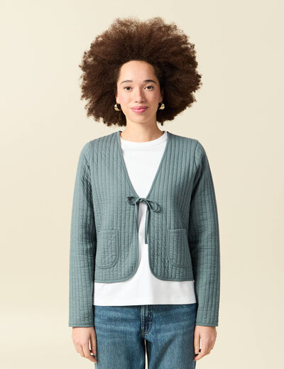Cardigan droit court manches longues vert canard femme