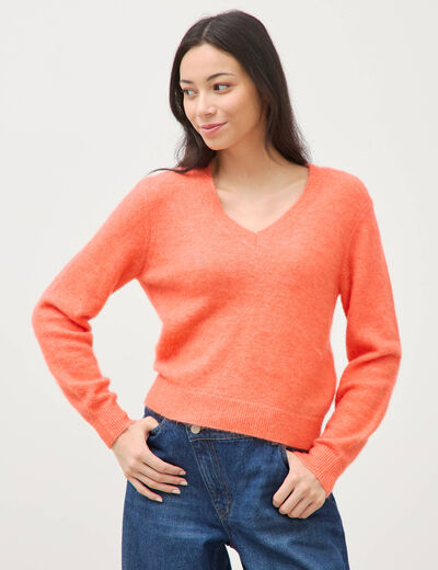 Pull droit col v manches longues rose corail femme
