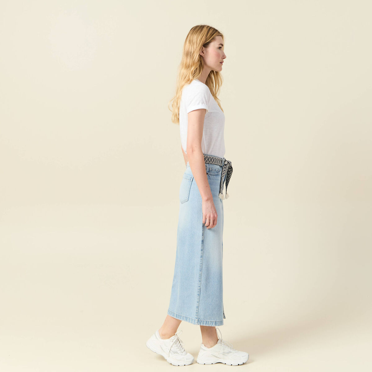 Jupe longue droite en jean denim bleach femme