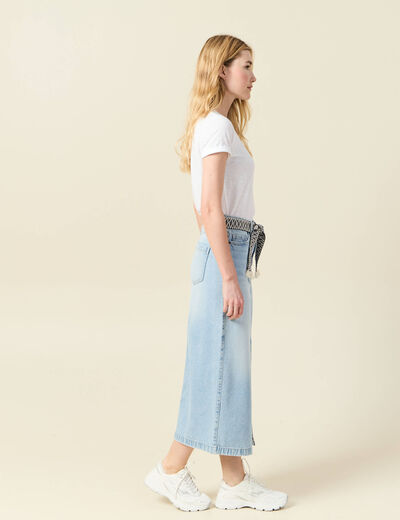 Jupe longue droite en jean denim bleach femme