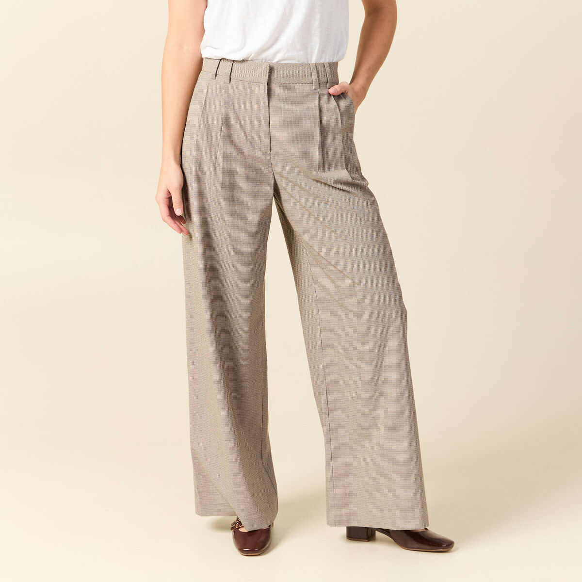 Pantalon large taille haute fluide beige femme