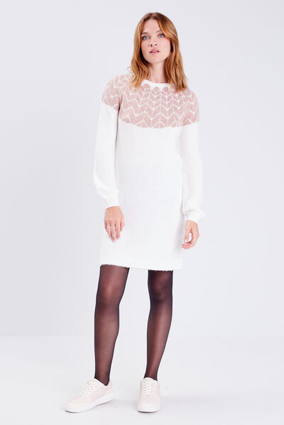 Robe pull droite ecru femme