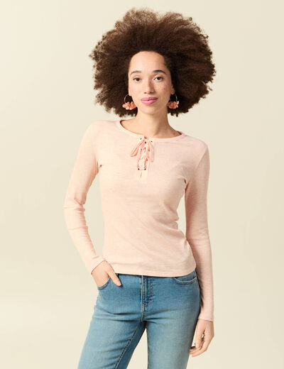 T-shirt cintr&eacute; manches longues col rond rose champagne femme