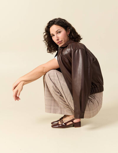 Blouson oversize manches longues doubl&eacute; marron femme