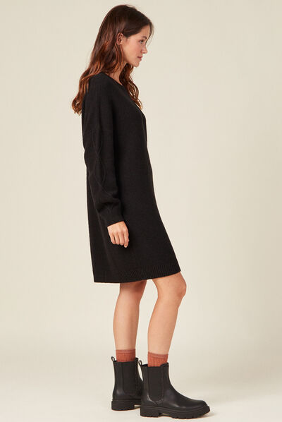 Robe pull droite torsades noir femme