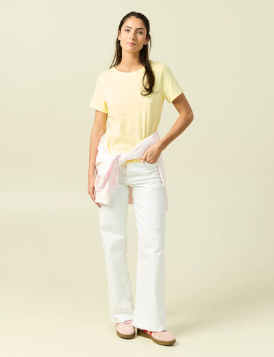 T-shirt cintr&eacute; col rond manches courtes jaune pastel femme