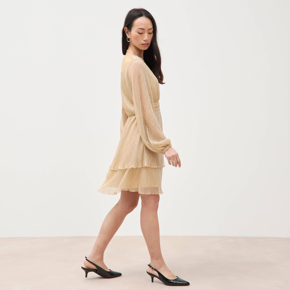 Robe manches longues doubl&eacute;e beige femme