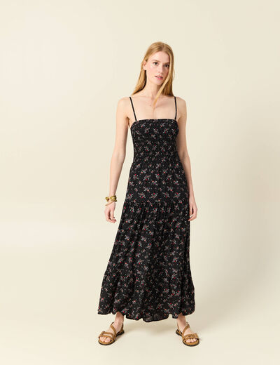 Robe longue évasée col bustier noir femme
