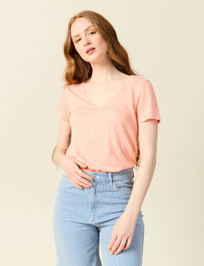 T-shirt col v en lin manches courtes rose saumon femme