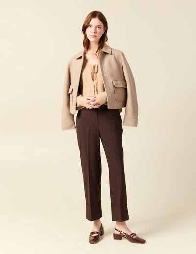 Gilet col V manches longues n&oelig;uds beige femme