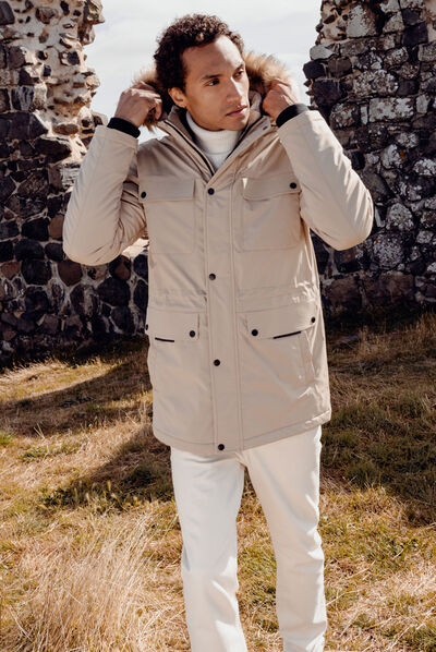 Parka droite à capuche beige homme