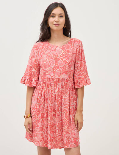 Robe fluide col rond manches coude orange corail femme